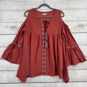 World Market BOHO Embroidered Cold Shoulder Blouse Womens L XL Brick Red